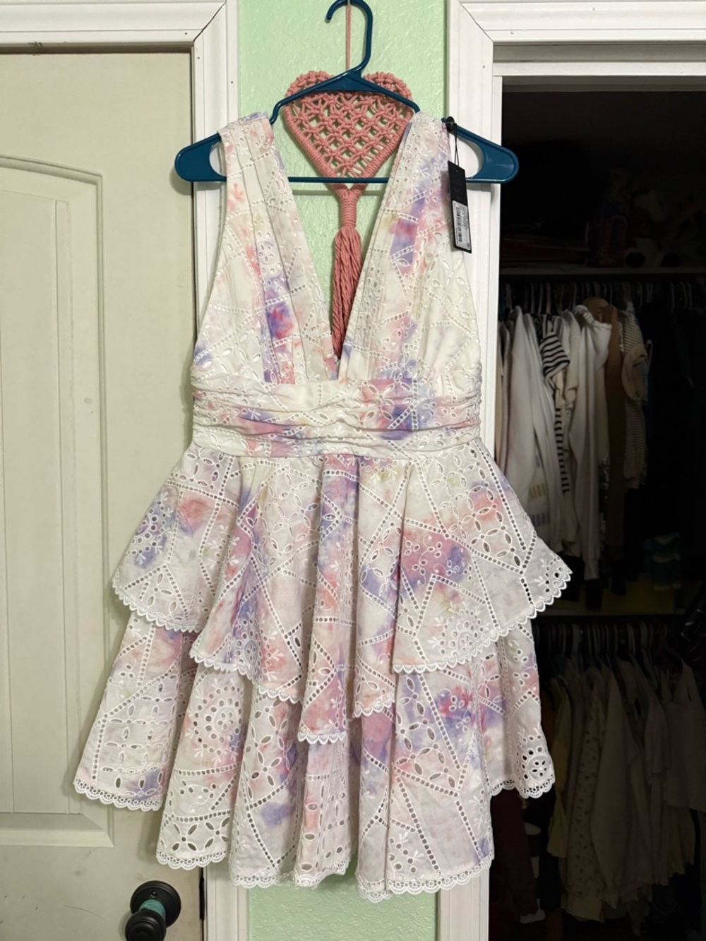 Gianni Bini White Eyelet Tiered Dress with Pastel Pink and Lavender Accents